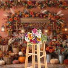 Aperturee - Aperturee Rustic Autumn Blossom Photography Backdrop with Vibrant Fall Flowers Pumpkins and Cozy String Lights