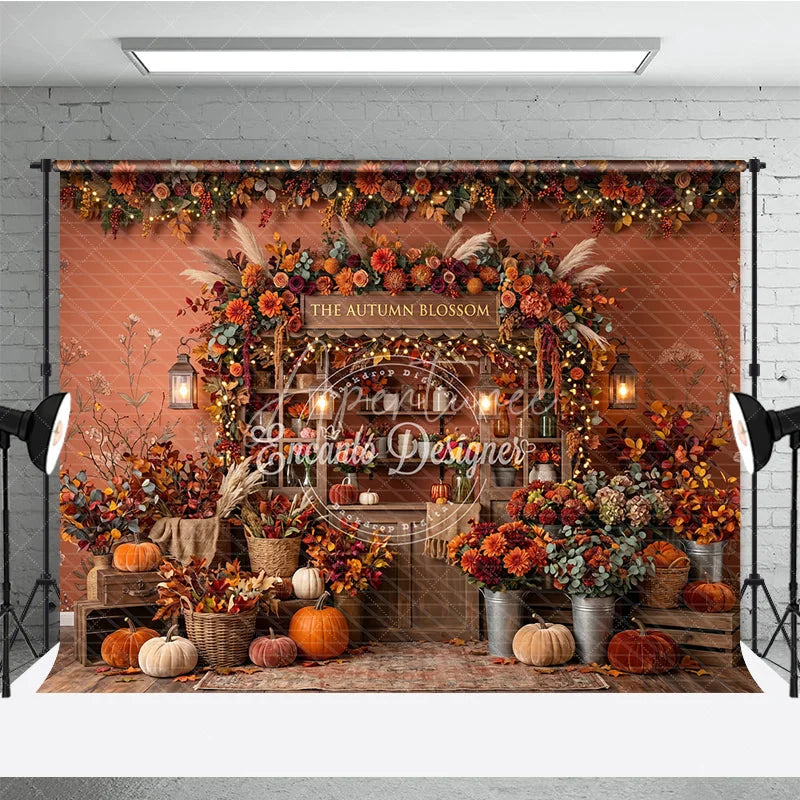 Aperturee - Aperturee Rustic Autumn Blossom Photography Backdrop with Vibrant Fall Flowers Pumpkins and Cozy String Lights