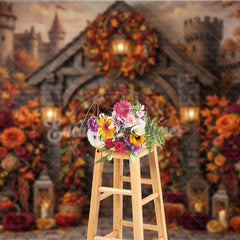 Aperturee - Aperturee Rustic Autumn Castle Door Photography Backdrop Enchanting Fall Leaves and Floral Decor with Pumpkins
