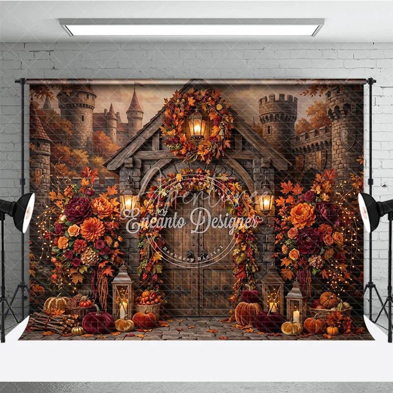 Aperturee - Aperturee Rustic Autumn Castle Door Photography Backdrop Enchanting Fall Leaves and Floral Decor with Pumpkins