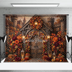 Aperturee - Aperturee Rustic Autumn Castle Door Photography Backdrop Enchanting Fall Leaves and Floral Decor with Pumpkins
