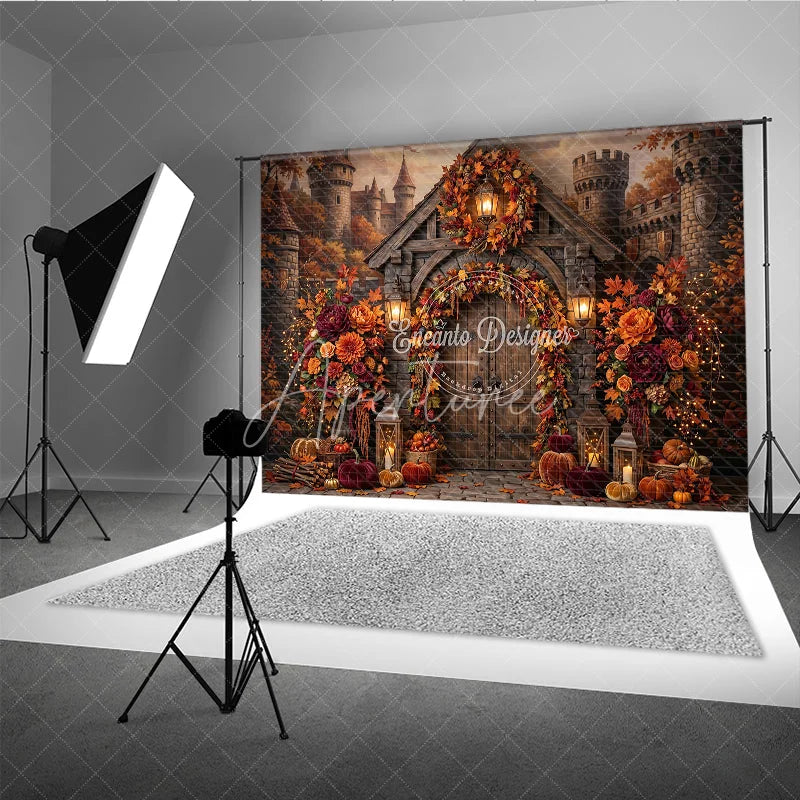 Aperturee - Aperturee Rustic Autumn Castle Door Photography Backdrop Enchanting Fall Leaves and Floral Decor with Pumpkins