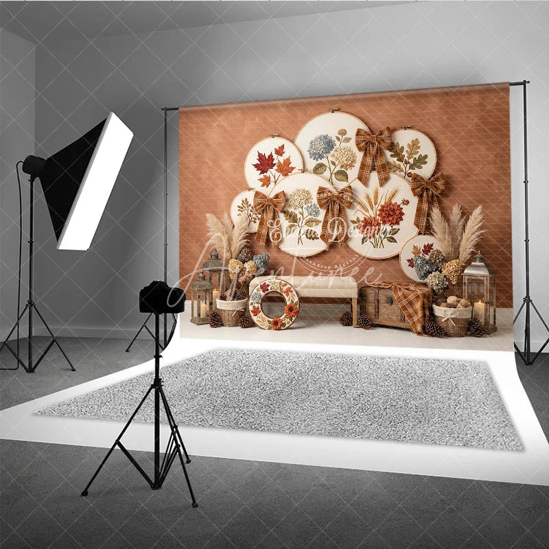 Aperturee - Aperturee Rustic Autumn Embroidery Hoop Photography Backdrop with Plaid Bows Fall Leaves and Hydrangeas Harvest Decor