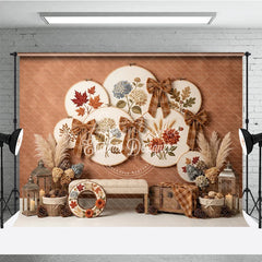 Aperturee - Aperturee Rustic Autumn Embroidery Hoop Photography Backdrop with Plaid Bows Fall Leaves and Hydrangeas Harvest Decor