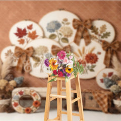 Aperturee - Aperturee Rustic Autumn Embroidery Hoop Photography Backdrop with Plaid Bows Fall Leaves and Hydrangeas Harvest Decor