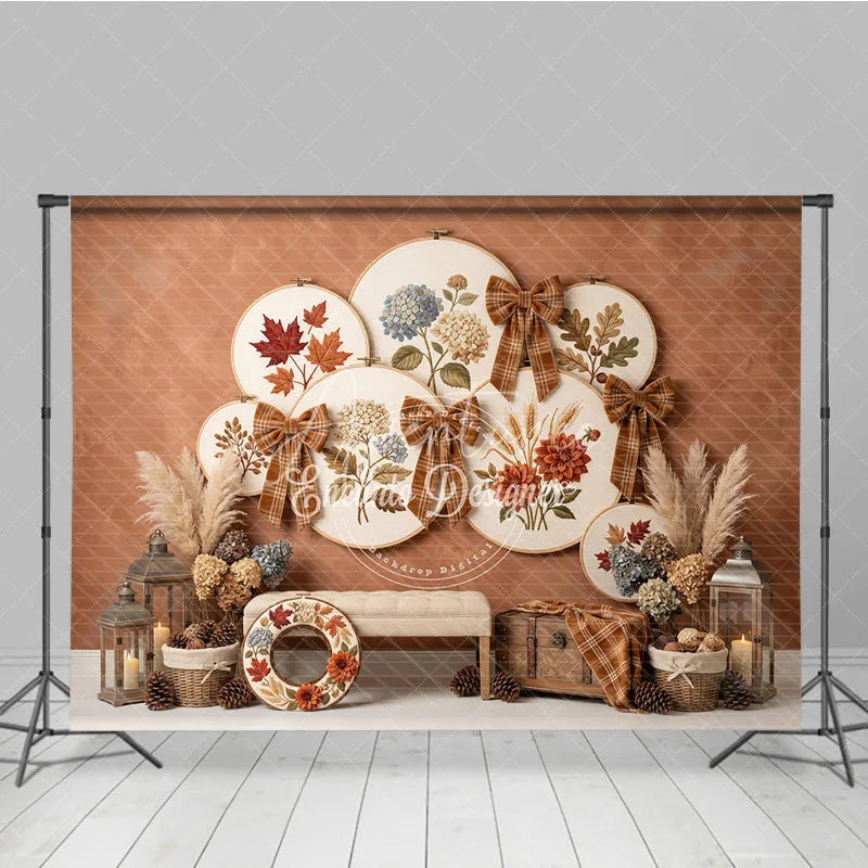 Aperturee - Aperturee Rustic Autumn Embroidery Hoop Photography Backdrop with Plaid Bows Fall Leaves and Hydrangeas Harvest Decor