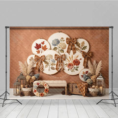 Aperturee - Aperturee Rustic Autumn Embroidery Hoop Photography Backdrop with Plaid Bows Fall Leaves and Hydrangeas Harvest Decor