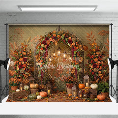 Aperturee - Aperturee Rustic Autumn Fall Foliage Photography Backdrop Elegant Archway with Pumpkins and Lanterns Harvest Celebration Decor