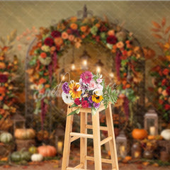 Aperturee - Aperturee Rustic Autumn Fall Foliage Photography Backdrop Elegant Archway with Pumpkins and Lanterns Harvest Celebration Decor