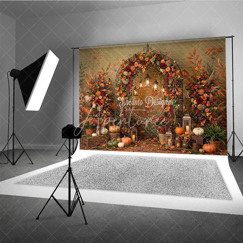 Aperturee - Aperturee Rustic Autumn Fall Foliage Photography Backdrop Elegant Archway with Pumpkins and Lanterns Harvest Celebration Decor