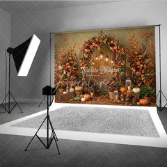 Aperturee - Aperturee Rustic Autumn Fall Foliage Photography Backdrop Elegant Archway with Pumpkins and Lanterns Harvest Celebration Decor