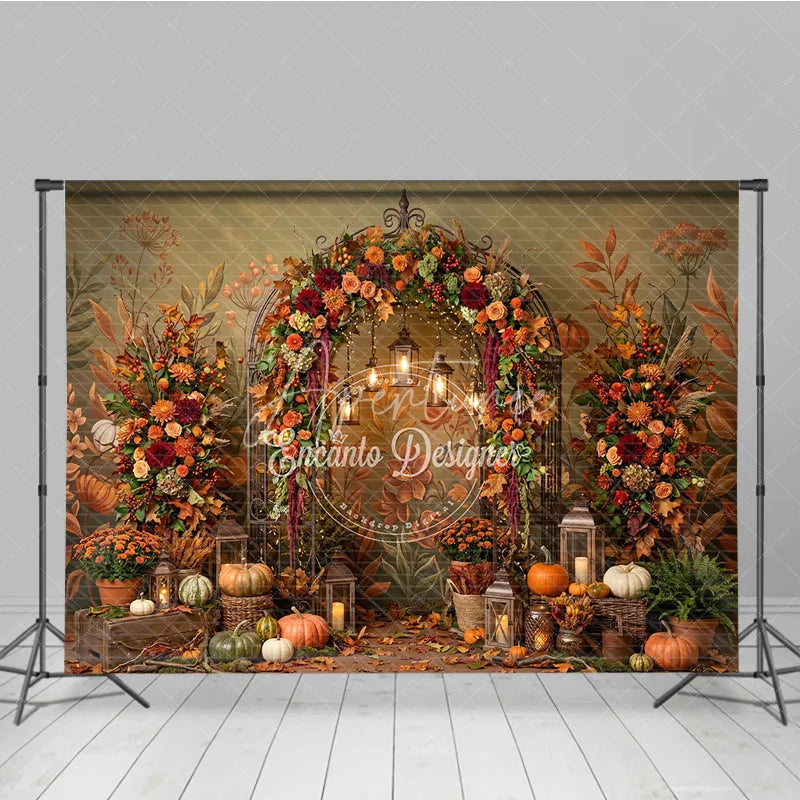 Aperturee - Aperturee Rustic Autumn Fall Foliage Photography Backdrop Elegant Archway with Pumpkins and Lanterns Harvest Celebration Decor