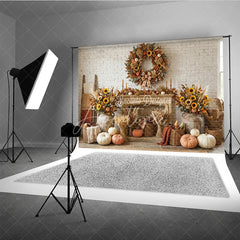 Aperturee - Aperturee Rustic Autumn Fall Harvest Photography Backdrop Sunflowers and Pumpkins Wreath White Brick Fireplace Decor