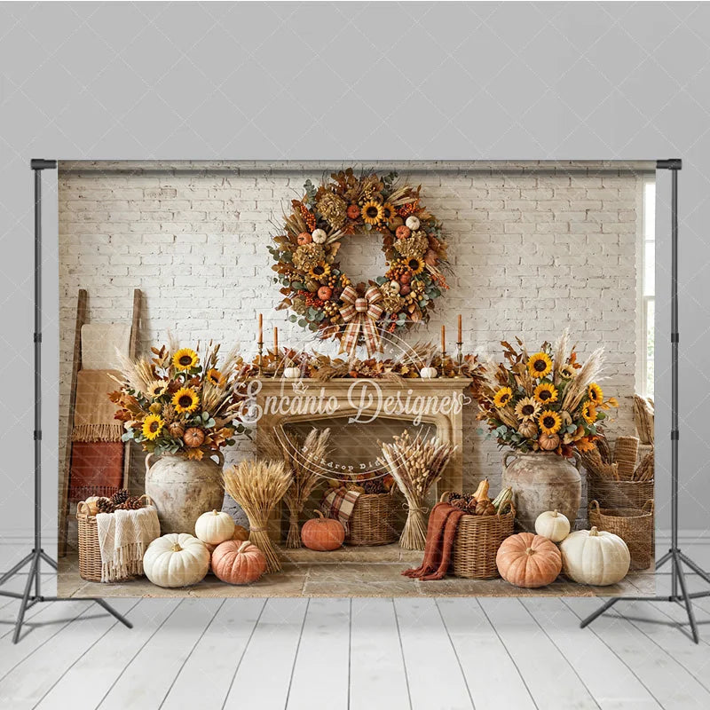 Aperturee - Aperturee Rustic Autumn Fall Harvest Photography Backdrop Sunflowers and Pumpkins Wreath White Brick Fireplace Decor