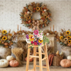 Aperturee - Aperturee Rustic Autumn Fall Harvest Photography Backdrop Sunflowers and Pumpkins Wreath White Brick Fireplace Decor