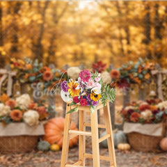 Aperturee - Aperturee Rustic Autumn Fall Harvest Photography Backdrop with Pumpkins Wooden Fence and Floral Garland Decor
