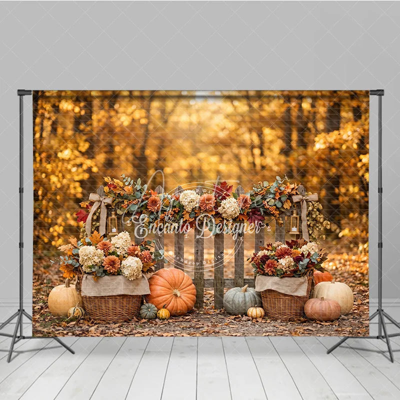 Aperturee - Aperturee Rustic Autumn Fall Harvest Photography Backdrop with Pumpkins Wooden Fence and Floral Garland Decor