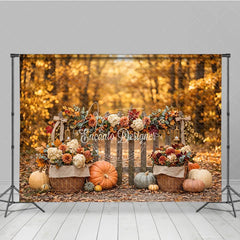 Aperturee - Aperturee Rustic Autumn Fall Harvest Photography Backdrop with Pumpkins Wooden Fence and Floral Garland Decor