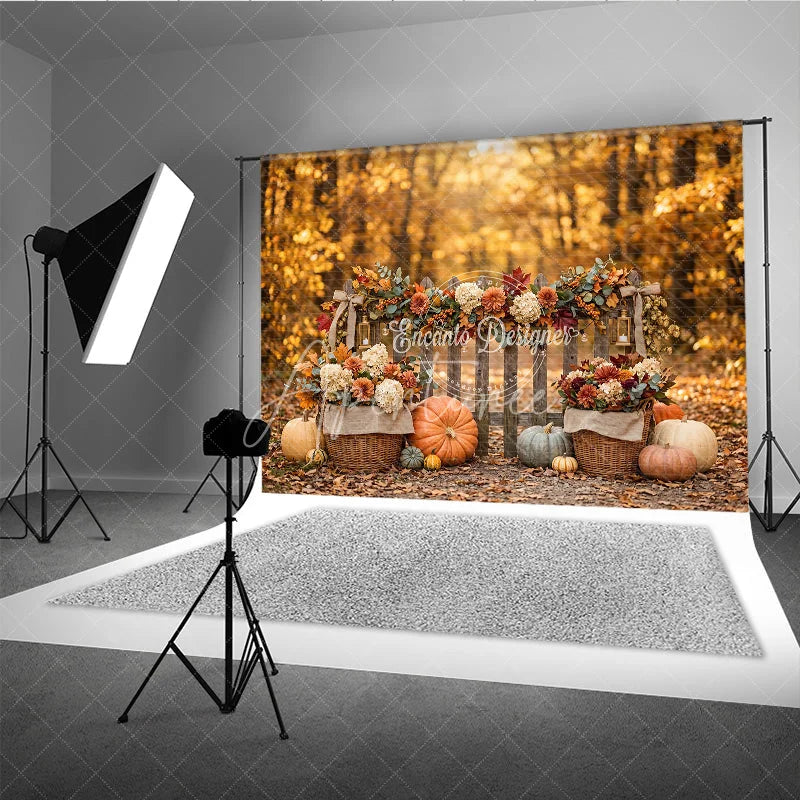 Aperturee - Aperturee Rustic Autumn Fall Harvest Photography Backdrop with Pumpkins Wooden Fence and Floral Garland Decor