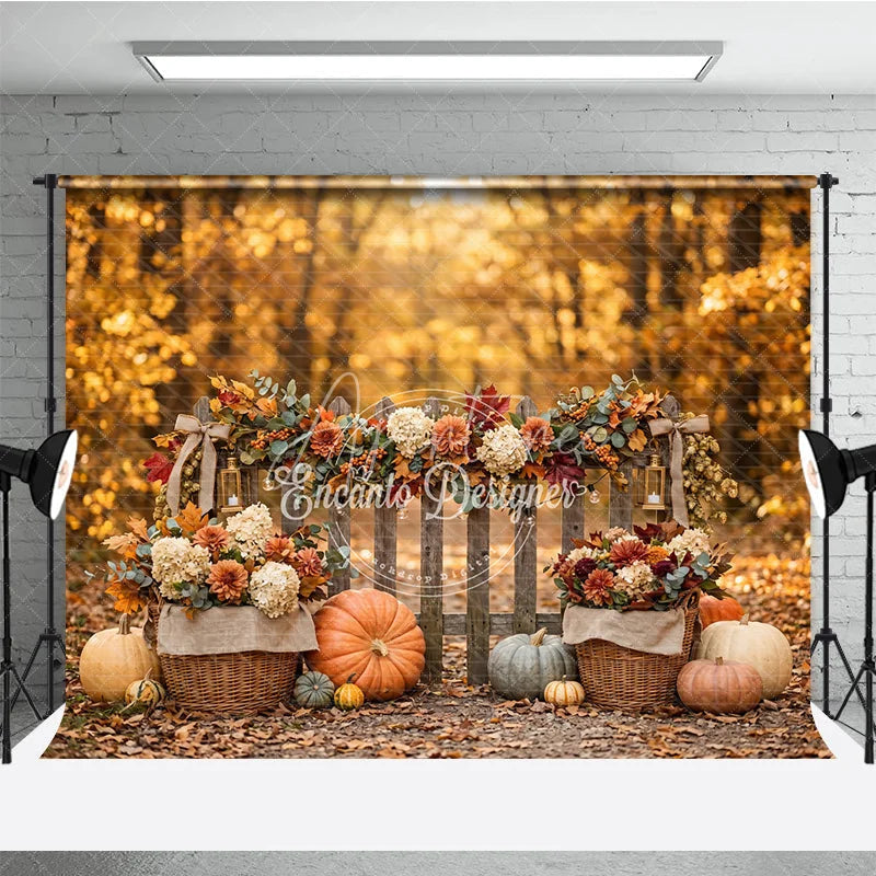 Aperturee - Aperturee Rustic Autumn Fall Harvest Photography Backdrop with Pumpkins Wooden Fence and Floral Garland Decor