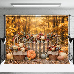 Aperturee - Aperturee Rustic Autumn Fall Harvest Photography Backdrop with Pumpkins Wooden Fence and Floral Garland Decor
