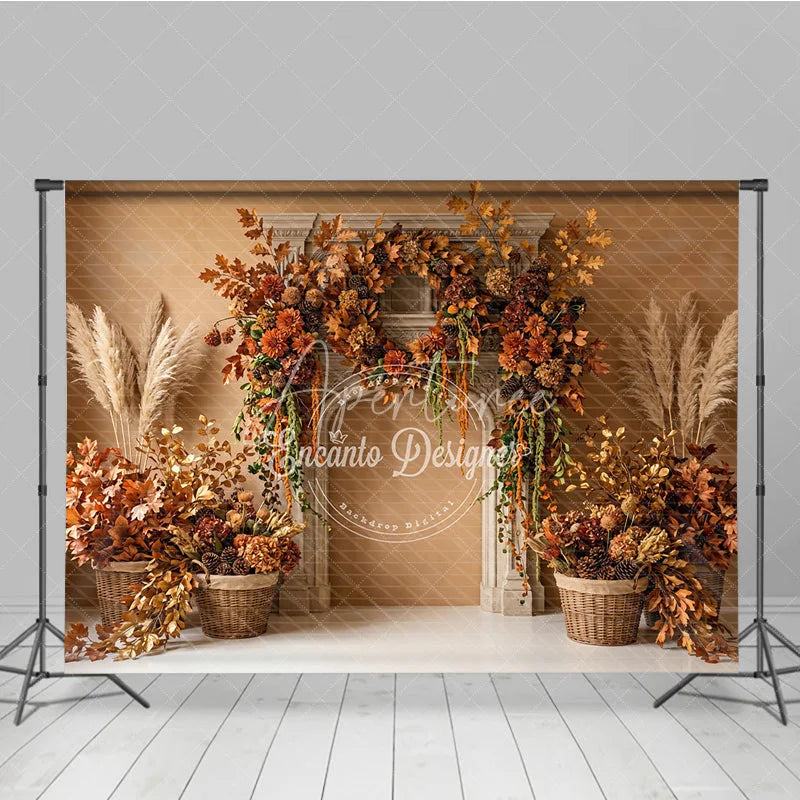 Aperturee - Aperturee Rustic Autumn Fall Photography Backdrop with Fireplace Mantel Golden Leaves and Pampas Grass Decor