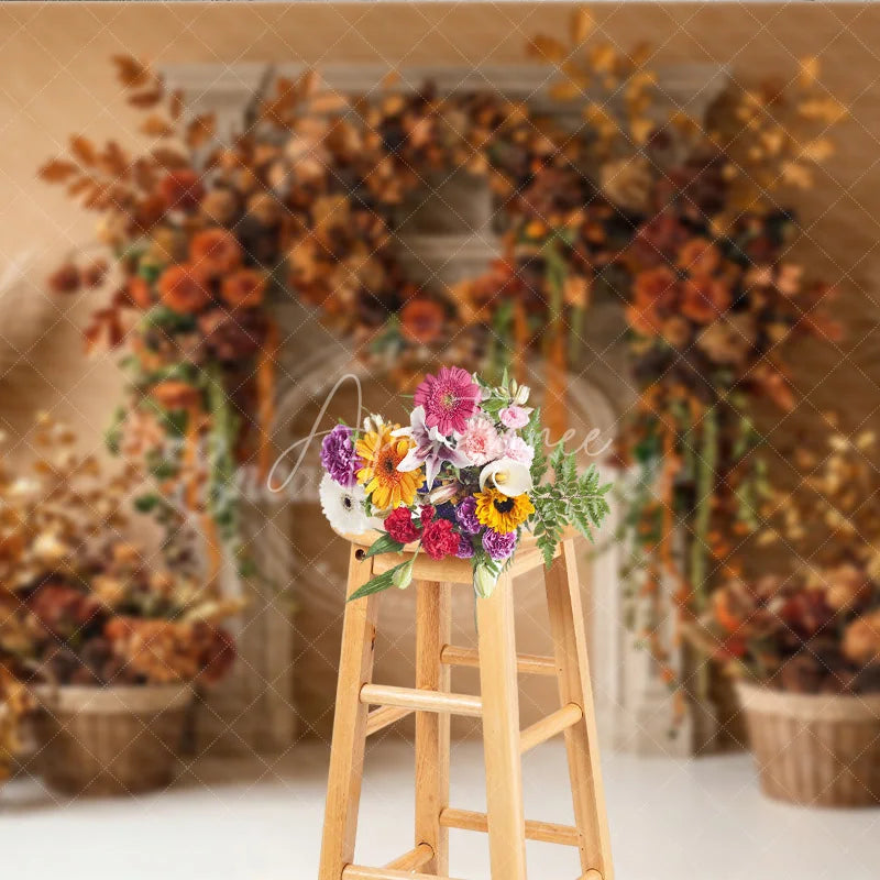 Aperturee - Aperturee Rustic Autumn Fall Photography Backdrop with Fireplace Mantel Golden Leaves and Pampas Grass Decor