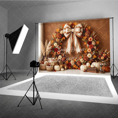 Aperturee - Aperturee Rustic Autumn Fall Wreath Photography Backdrop Elegant Cream Bow Pumpkins and Harvest Decor