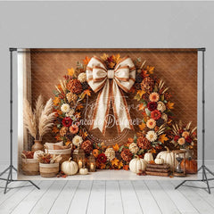Aperturee - Aperturee Rustic Autumn Fall Wreath Photography Backdrop Elegant Cream Bow Pumpkins and Harvest Decor