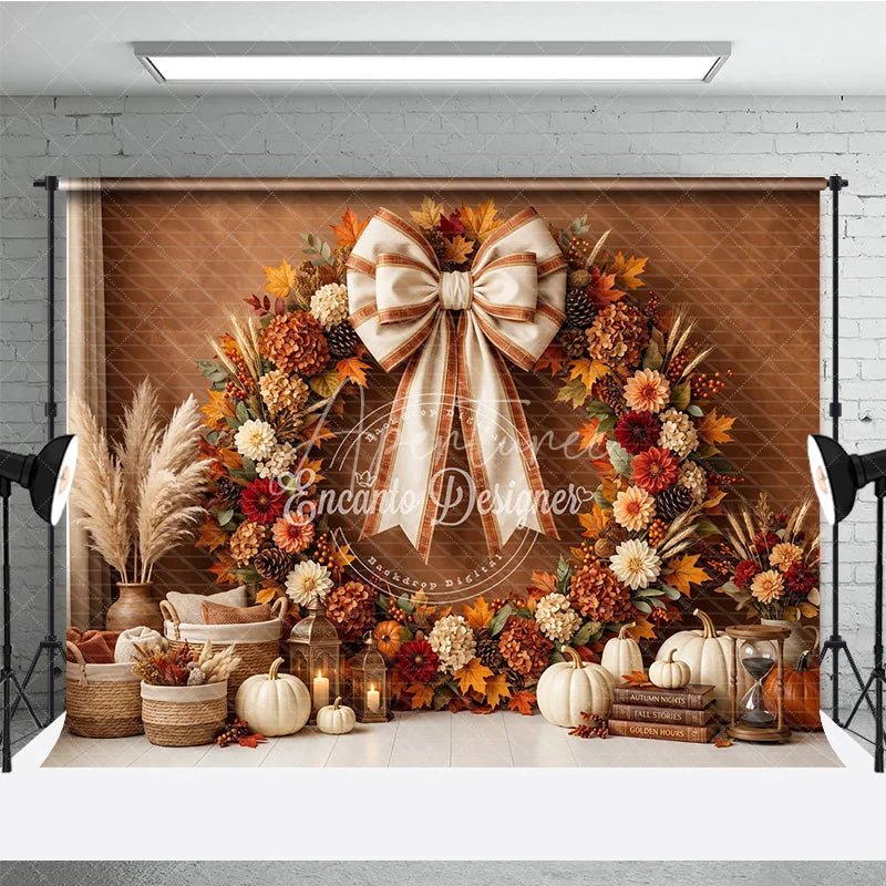 Aperturee - Aperturee Rustic Autumn Fall Wreath Photography Backdrop Elegant Cream Bow Pumpkins and Harvest Decor