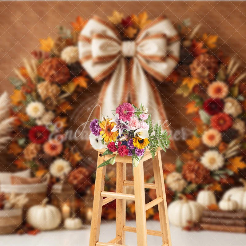 Aperturee - Aperturee Rustic Autumn Fall Wreath Photography Backdrop Elegant Cream Bow Pumpkins and Harvest Decor