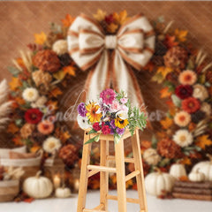 Aperturee - Aperturee Rustic Autumn Fall Wreath Photography Backdrop Elegant Cream Bow Pumpkins and Harvest Decor