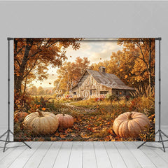 Aperturee - Aperturee Rustic Autumn Farm Photography Backdrop with Golden Trees Falling Leaves and Pumpkins for Fall Harvest Decor