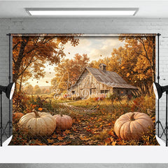 Aperturee - Aperturee Rustic Autumn Farm Photography Backdrop with Golden Trees Falling Leaves and Pumpkins for Fall Harvest Decor