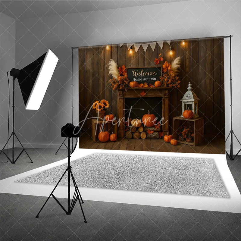 Aperturee - Aperturee Rustic Autumn Fireplace Photography Backdrop Welcome Home Fall with Pumpkins Thanksgiving Mini Session Background