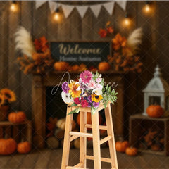 Aperturee - Aperturee Rustic Autumn Fireplace Photography Backdrop Welcome Home Fall with Pumpkins Thanksgiving Mini Session Background