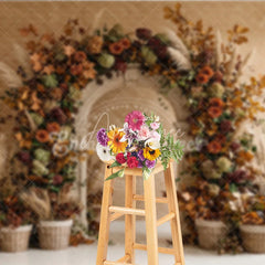 Aperturee - Aperturee Rustic Autumn Floral Arch Photography Backdrop with Fall Foliage and Pampas Grass Elegant Harvest Celebration Decor