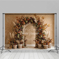 Aperturee - Aperturee Rustic Autumn Floral Arch Photography Backdrop with Fall Foliage and Pampas Grass Elegant Harvest Celebration Decor