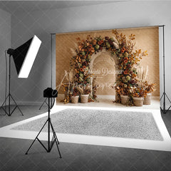 Aperturee - Aperturee Rustic Autumn Floral Arch Photography Backdrop with Fall Foliage and Pampas Grass Elegant Harvest Celebration Decor