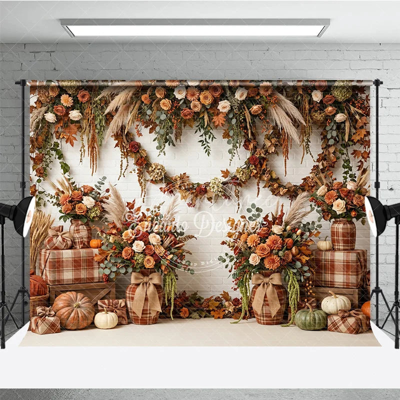 Aperturee - Aperturee Rustic Autumn Floral Garland Photography Backdrop with Pumpkins and Plaid Decor White Brick Wall Theme
