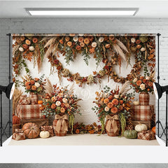 Aperturee - Aperturee Rustic Autumn Floral Garland Photography Backdrop with Pumpkins and Plaid Decor White Brick Wall Theme