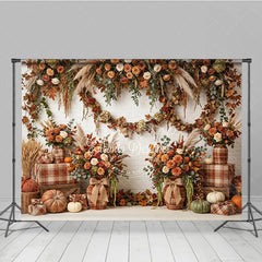 Aperturee - Aperturee Rustic Autumn Floral Garland Photography Backdrop with Pumpkins and Plaid Decor White Brick Wall Theme
