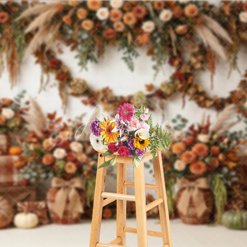 Aperturee - Aperturee Rustic Autumn Floral Garland Photography Backdrop with Pumpkins and Plaid Decor White Brick Wall Theme
