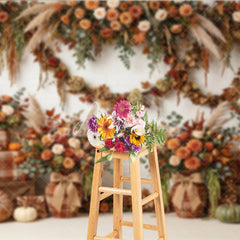 Aperturee - Aperturee Rustic Autumn Floral Garland Photography Backdrop with Pumpkins and Plaid Decor White Brick Wall Theme