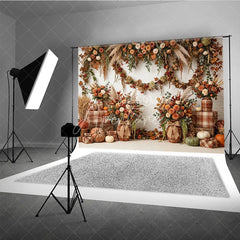 Aperturee - Aperturee Rustic Autumn Floral Garland Photography Backdrop with Pumpkins and Plaid Decor White Brick Wall Theme