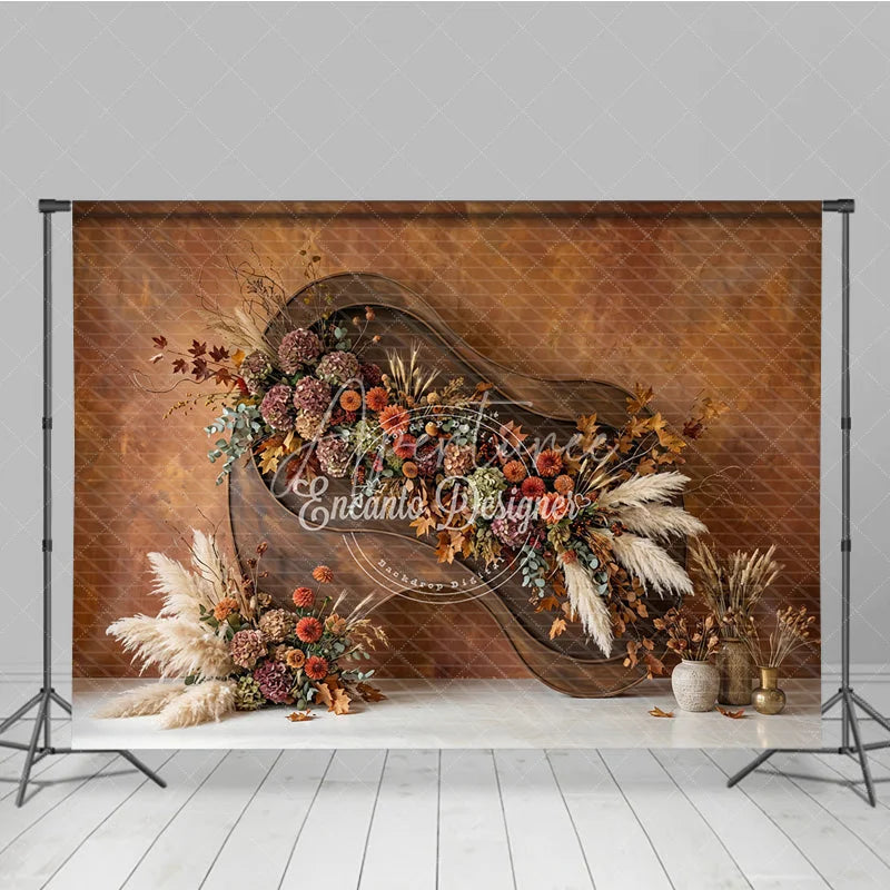 Aperturee - Aperturee Rustic Autumn Floral Photography Backdrop with Pampas Grass and Textured Wall Elegant Fall Season Decor