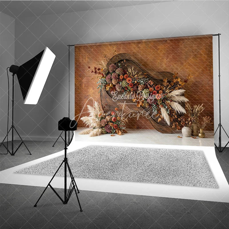 Aperturee - Aperturee Rustic Autumn Floral Photography Backdrop with Pampas Grass and Textured Wall Elegant Fall Season Decor