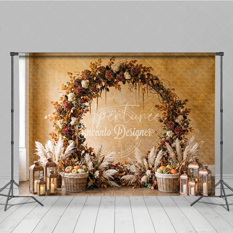 Aperturee - Aperturee Rustic Autumn Foliage Arch Photography Backdrop with Pampas Grass Pumpkins and Lanterns for Fall Decor