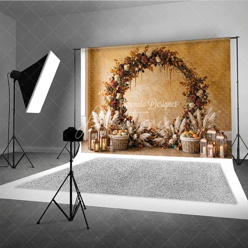 Aperturee - Aperturee Rustic Autumn Foliage Arch Photography Backdrop with Pampas Grass Pumpkins and Lanterns for Fall Decor