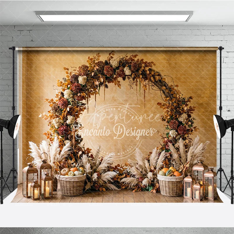 Aperturee - Aperturee Rustic Autumn Foliage Arch Photography Backdrop with Pampas Grass Pumpkins and Lanterns for Fall Decor